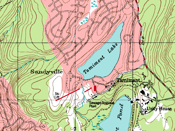 The double chair is the longer red line, with the shorter line being where there might have been a surface lift.  The red box on this map is the location of the ski lodge.