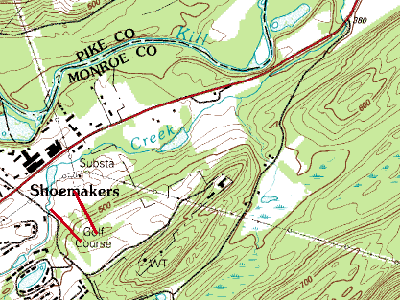 The main road at the base is Route 209 with the large buildings along it belonging to the resort.  The vertical drop may have been slightly over 100 feet.  One of the red lines would have been the double chair (Kevin is not sure which), while the other would have been a tow or t-bar.